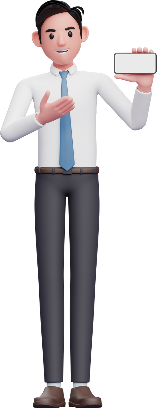 Businessman in white shirt pointing to phone screen, 3d illustration of businessman using phone
